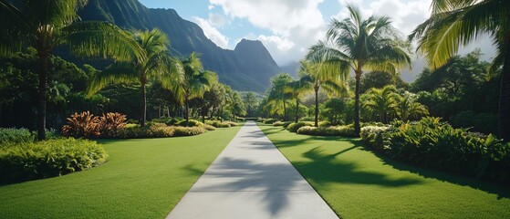 A white path winds through lush tropical gardens, lined with palm trees and lush greenery, leading towards a mountain range in the distance