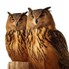 Obraz premium Two Eurasian Eagle Owls Perched on Wood Against White Background