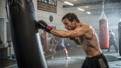 Male boxer hitting large punching bag during intense workout