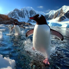 Fototapeta premium Two Penguins Running in Icy Antarctic Water with Snowy Mountains