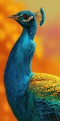 Obraz premium Vibrant Blue and Gold Peacock Portrait Against Warm Background