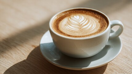 Fototapeta premium Sunlit latte art in a white cup on a wooden table
