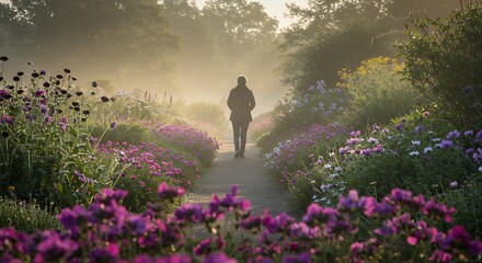 Person Walking Through Flower Garden in the Fog