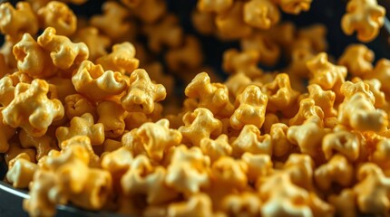 Fresh popcorn overflowing from a large bowl, golden and fluffy, lightly salted, close-up shot with cinematic lighting, cozy snack atmosphere, food photography style