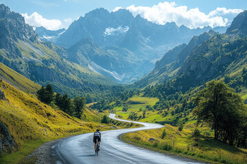 Person riding a bike downhill on mountain road.