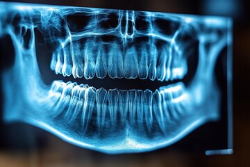 Detailed panoramic x-ray image of human teeth and jawbone showing full dental structure and bone density in a clinical setting