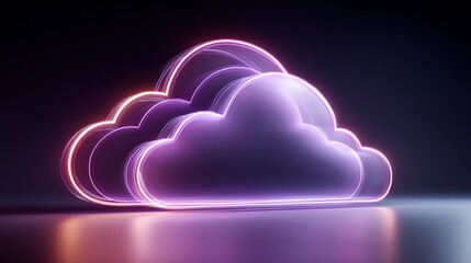 Neon glowing cloud icon with purple and pink hues on a dark reflective surface, symbolizing modern digital cloud technology