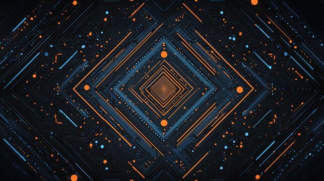 Futuristic digital circuit pattern with glowing orange and blue lines forming a geometric, symmetrical design on a dark background
