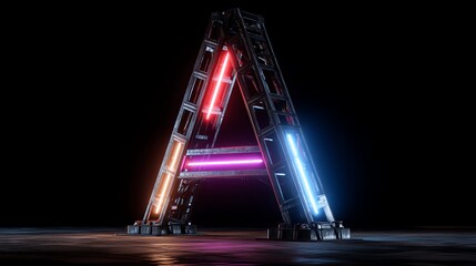 A metallic letter "A" is illuminated with vibrant neon lights in red, purple, and blue, standing out against a dark, dramatic background