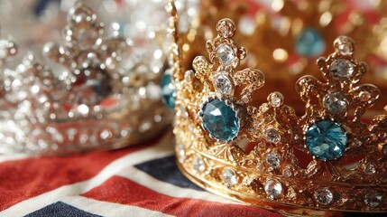 Golden and silver jeweled crowns rest on a British flag, symbolizing royalty, tradition, and national pride