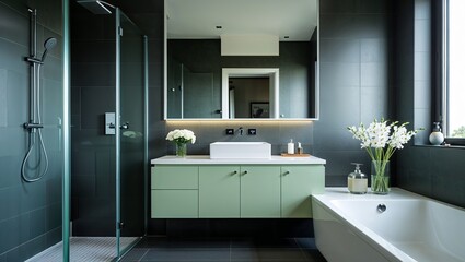 A modern bathroom featuring a shower a vanity a mirror and a bathtub in a well lit space
