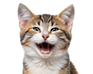 Smiling kitten portrait with open mouth and a happy facial expression on black background
