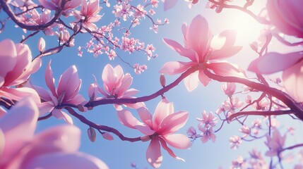 Fototapeta premium Stunning Pink Magnolia Blossoms Under a Bright Spring Sky