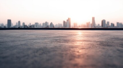 Fototapeta premium Urban Rooftop at Sunset Featuring Clean Concrete Floor and Soft Focus City Skyline Cinematic Background for Commercial Design