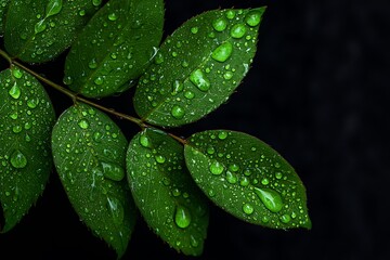 Macro view of lush green leaves with water beads on dark backdrop  
