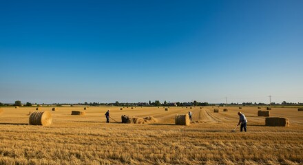 Hay Bales in Field with Workers Under Blue Sky