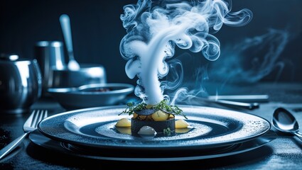 Obraz premium A culinary masterpiece. This elegant dish features a dark, mysterious element accented with bright yellow, all crowned with a dramatic plume of smoke.