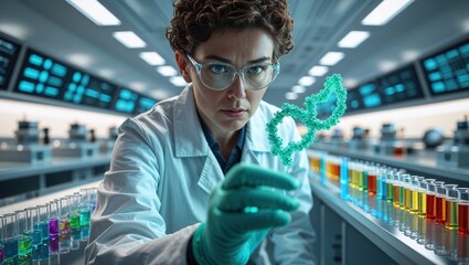Focused female scientist examines a teal DNA strand in a modern lab setting. She wears protective eyewear and gloves while surrounded by test tubes of colorful liquids.
