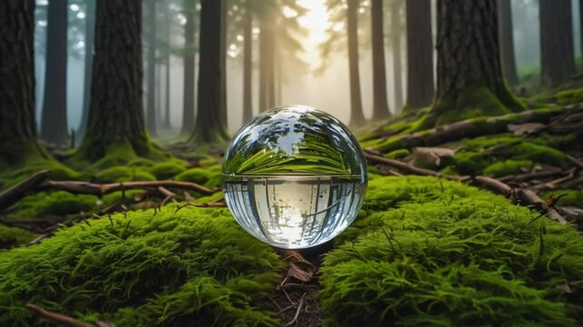 "Glass Sphere on Mossy Forest Floor with Sunlight. 