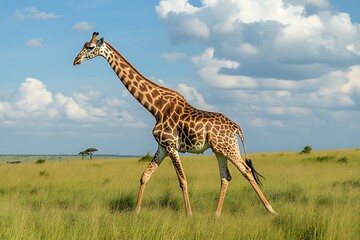 A giraffe moves gracefully through its natural habitat, its long neck reaching above the grasslands in search of food, surrounded by the beauty of the African savanna.