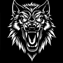Wolf's Fury: A fierce monochrome illustration depicts a snarling wolf's head, rendered in bold line art, showcasing its sharp teeth and intense gaze.