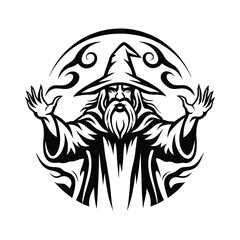 Majestic wizard with beard raising hands, wearing a pointed hat in circular style