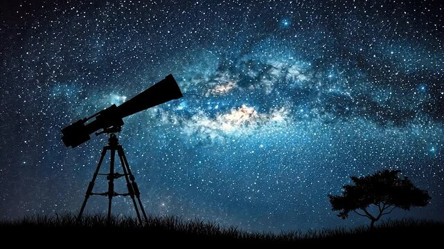 Silhouette telescope points to night sky.