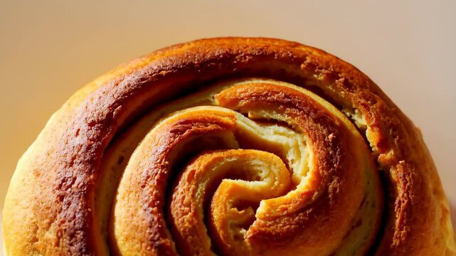 Close-up shot displays golden-brown cinnamon roll with a distinctive spiral pattern, creating warm, inviting food imagery for pastry products.
