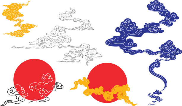 Celestial Clouds and Sun in Traditional Asian Art Style