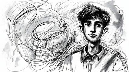 Fototapeta premium Intricate Ink Drawing of a Young Man, Abstract Background