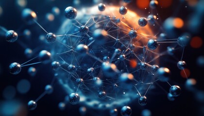 Abstract visualization of interconnected spheres forming a complex molecular network with glowing particles in a dark blue and orange ambient background