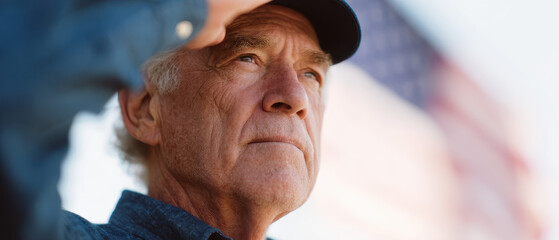 Elderly man saluting with flag in background, showing respect