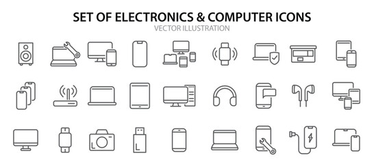 set linear electronics icons computer technology icons simple design vector illustration