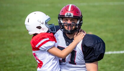 Football Player Hugged By A Young Person In Red And White Uniform On Green Field