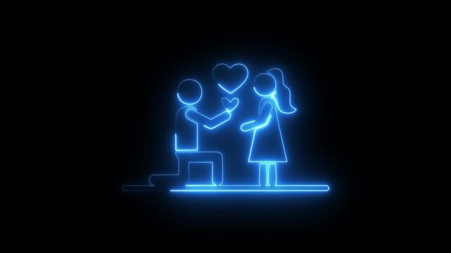 Romantic neon proposal scene with glowing couple silhouette, man kneeling with heart offering love, engagement moment illustration, Valentine's Day, relationship, wedding, or love concept