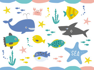 かわいい海の生き物のイラストセット　魚、クジラ、サメ、カニ、ヒトデなど