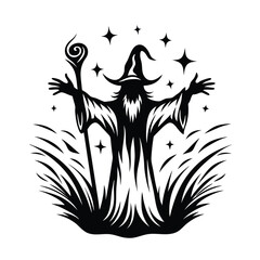 Black Silhouette Wizard with Staff and Stars, Long Beard, Hands Up in Grass Field