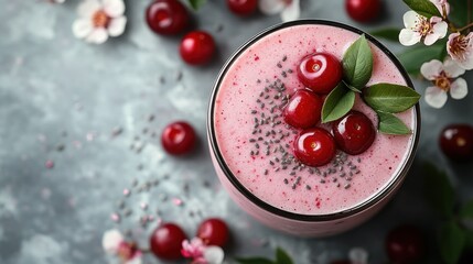 Pink cherry smoothie topped with chia seeds