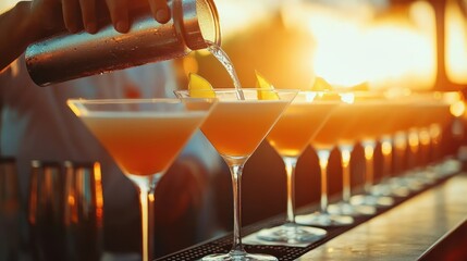 Close-up of a bartender pouring a cocktail from a shaker into a row of elegant martini glasses garnished with lemon slices in warm golden lighting