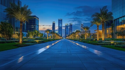 Obraz premium Cityscape at dusk, palm trees lining a pathway leading to skyscrapers.