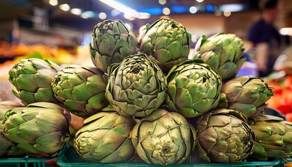 Fototapeta premium Close-up of fresh organic artichokes displayed at a local weekend market, showing texture, natural color, and freshness of seasonal vegetables.