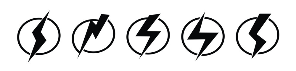 Thunderbolt in circle icons. Vector isolated on white