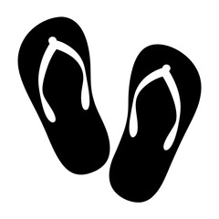 Pair of black flip flops with white straps on a white background