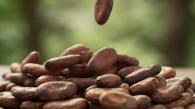 Close up view of raw dried cocoa beans falling and piling up. Represents chocolate production process natural ingredients agriculture and origin. Ideal for food and Chocolate Day themes