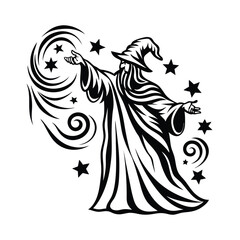 Wizard Black Silhouette with Pointing Hand and Stars Around in White Background