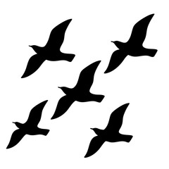 A minimalistic illustration of five silhouetted birds flying in formation, isolated on white