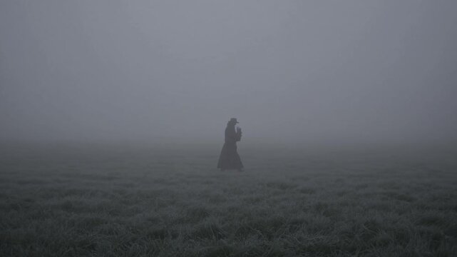 Dark silhouette of plague doctor running through misty meadow during foggy morning, casting haunting medieval atmosphere with mysterious and eerie presence