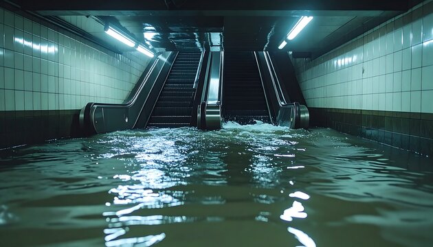 Flooded Underground Tunnel with Escalators Reflecting Lights in Teal and Grey Tones