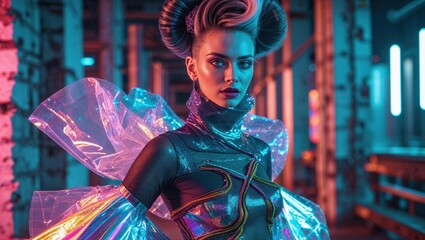 A young woman with a futuristic hairstyle models iridescent clothing in a neon-lit industrial setting. The vibrant colors and unique style create a striking image.