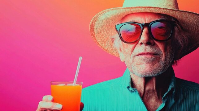 Elderly man wearing straw hat and sunglasses holding a glass of orange juice with a straw against a vibrant pink and orange background - Powered by Adobe